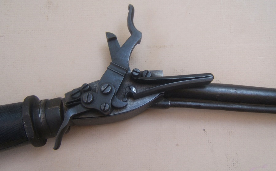 A VERY RARE & UNUSUAL 18TH CENTURY GERMAN/AUSTRIAN REPEATING RESERVOIR-BUTT AIR GUN w/ MOROCCAN LEATHER COVERED STOCK & ITS ORIGINAL AIR PUMP, ca. 1780 view 4