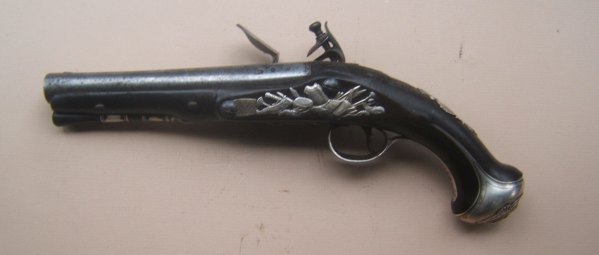 A FINE QUALITY SILVER MOUNTED REVOLUTIONARY WAR PERIOD FLINTLOCK OFFICER'S PISTOL, by GRIFFIN, HALLMARKED FOR 1766 view 2