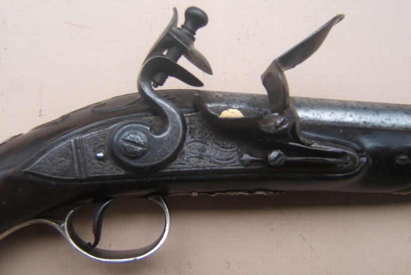 A FINE QUALITY SILVER MOUNTED REVOLUTIONARY WAR PERIOD FLINTLOCK OFFICER'S PISTOL, by GRIFFIN, HALLMARKED FOR 1766 view 3