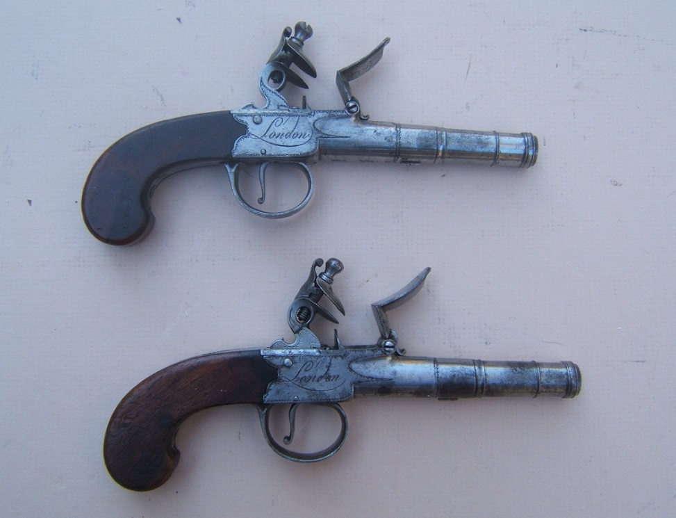 A VERY FINE PAIR OF REVOLUTIONARY WAR PERIOD ENGLISH FLINTLOCK TURN-OFF MUFF/TRAVELLING PISTOLS, by 