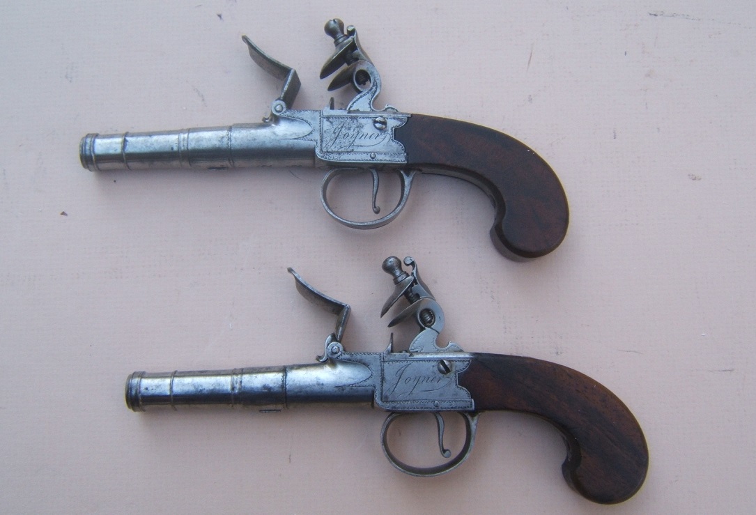 A VERY FINE PAIR OF REVOLUTIONARY WAR PERIOD ENGLISH FLINTLOCK TURN-OFF MUFF/TRAVELLING PISTOLS, by 