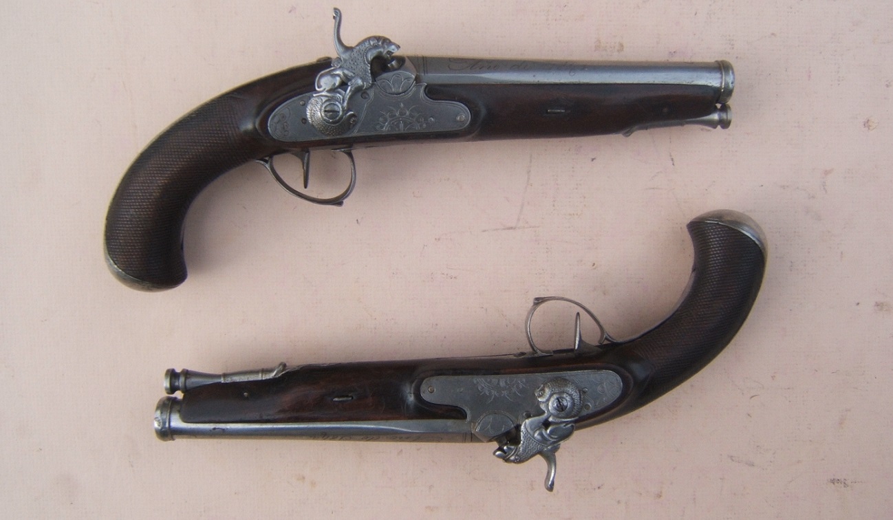 A VERY FINE & RARE PAIR OF SPANISH (RIPOLL-MADE) PERCUSSION OFFICER'S BELT-PISTOLS w/ FINELY CHISELED LOCKS, by HERRADURAS POR 