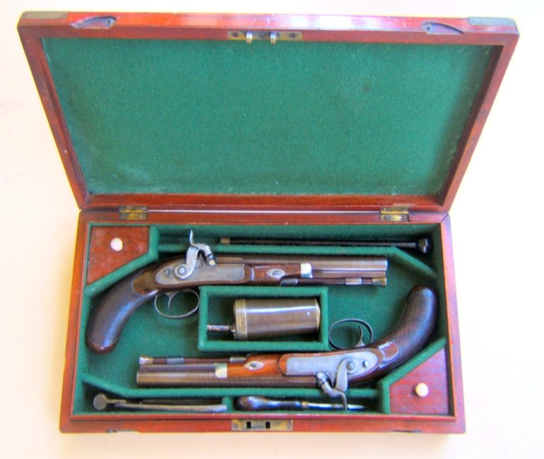 A FINE CASED PAIR OF PERCUSSION DUELLING PISTOLS by HENRY PROBIN, ca. 1830s view 2