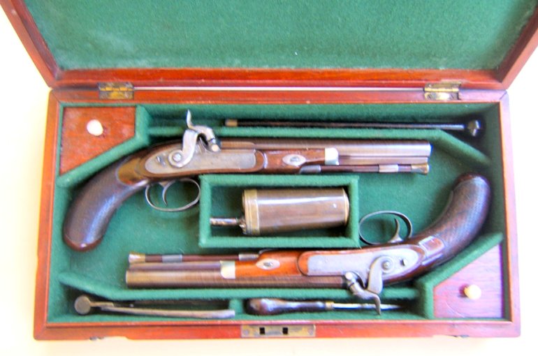 A FINE CASED PAIR OF PERCUSSION DUELLING PISTOLS by HENRY PROBIN, ca. 1830s view 3