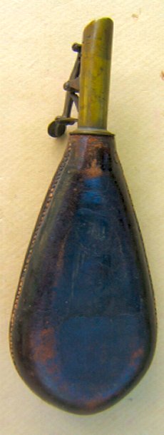 A VERY GOOD QUALITY MID 19TH CENTURY ENGLISH LEATHER SHOT FLASK, ca. 1850s view 1