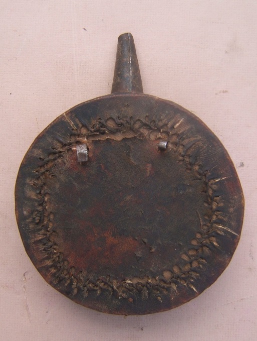 A GOOD AFGHAN IRON MOUNTED WOODEN POWDER FLASK FOR A JEZAIL, ca. 1810-1850 view2