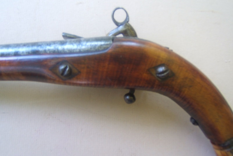 A VERY GOOD COSSACK (RUSSIAN) BURLWOOD STOCK BALL-BUTT MIQUELET HOLSTER PISTOL, ca. 1780-1800 view4