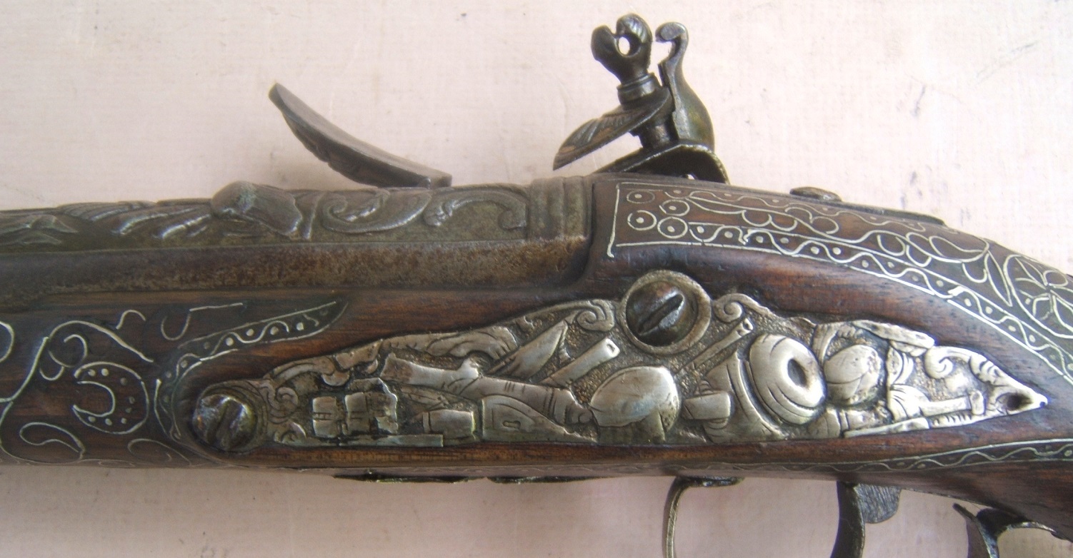A VERY FINE QUALITY FRENCH SILVER MOUNTED & GOLD DAMASCENED FLINTLOCK HOLSTER PISTOL, by PEYRTE DUMAREST (FOR EASTERN/TURKISH MARKET, ca. 1780 view4
