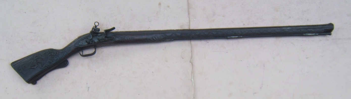  A RARE & UNUSUAL NEAPOLITAN MIQUELET MUSKETOON w/ CARVED STOCK & CHISELED BARREL, by 