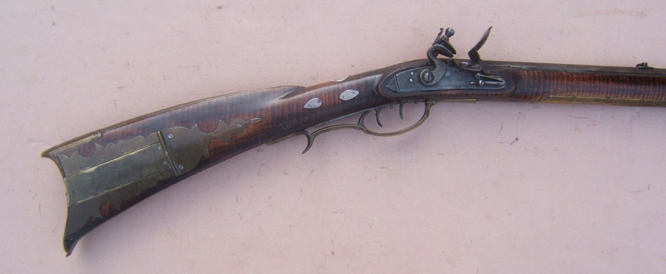 A VERY FINE QUALITY SILVER INLAYED FLINTLOCK PENNSYLVANIA/KENTUCKY RIFLE, BY 