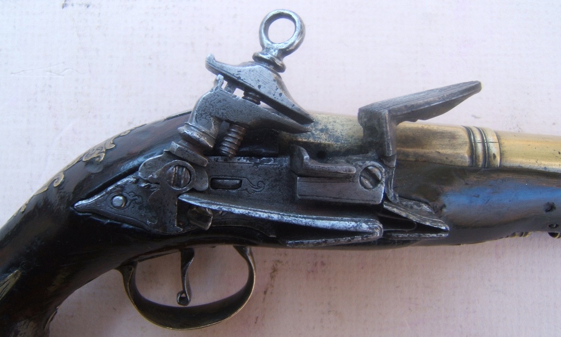 A FINE & SCARCE SPANISH WOMAN'S/CHILD'S BRASS BARREL MIQUELET TRAVELLING/MUFF PISTOL, ca. 1750 view 3