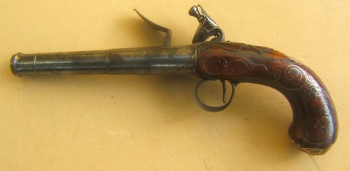 A FINE+ COLONIAL/FRENCH & INDIAN WAR PERIOD SILVER MOUNTED QUEEN ANN TURN-OFF OFFICER'S PISTOL BY BENJAMIN BROOKE, ca. 1730 view 2