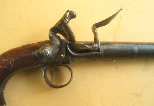 A FINE+ COLONIAL/FRENCH & INDIAN WAR PERIOD SILVER MOUNTED QUEEN ANN TURN-OFF OFFICER'S PISTOL BY BENJAMIN BROOKE, ca. 1730 view 3