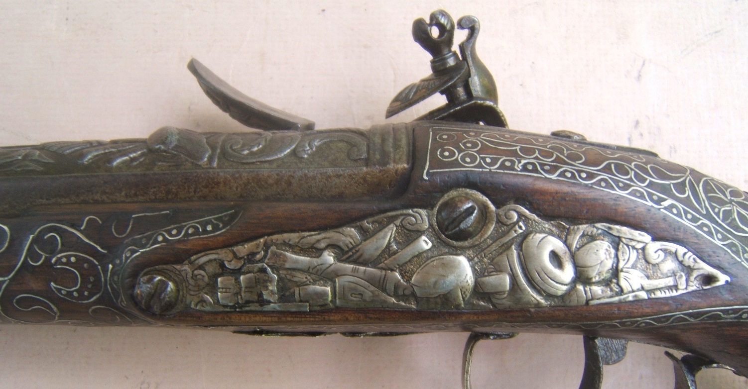 A VERY FINE QUALITY FRENCH SILVER MOUNTED & GOLD DAMASCENED FLINTLOCK HOLSTER PISTOL, by PEYRTE DUMAREST (FOR EASTERN/TURKISH MARKET, ca. 1780 view 4
