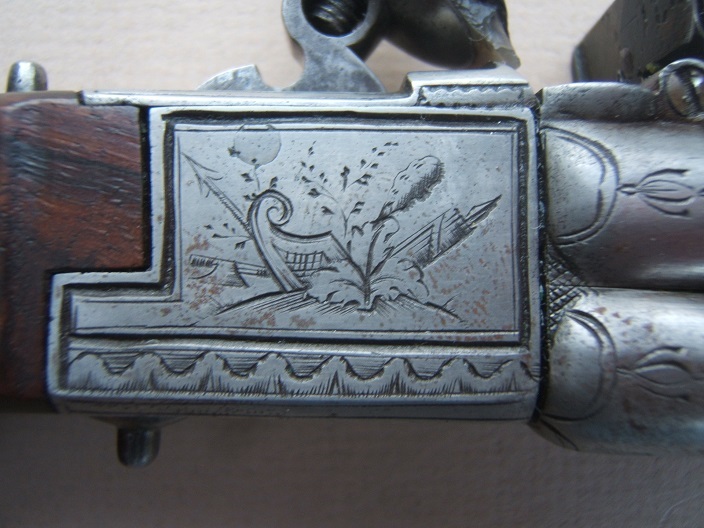 AN EXTREMELY RARE & UNUSUAL FOUR BARREL ENGLISH TAP-ACTION FLINTLOCK PISTOL, ca. 1790 view 4