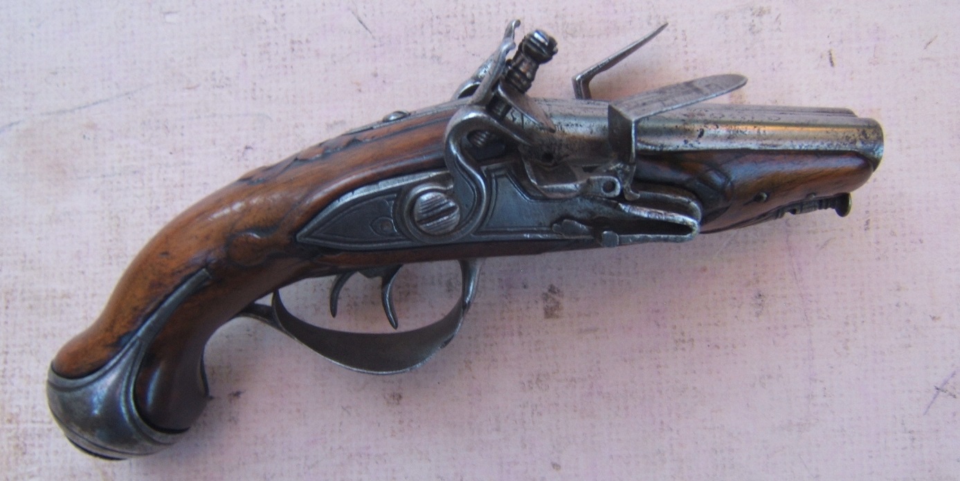 A VERY FINE & SCARCE AMERICAN REVOLUTIONARY WAR PERIOD FRENCH DOUBLE BARREL FLINTLOCK OFFICER'S/BELT PISTOL, ca. 1750 view 1