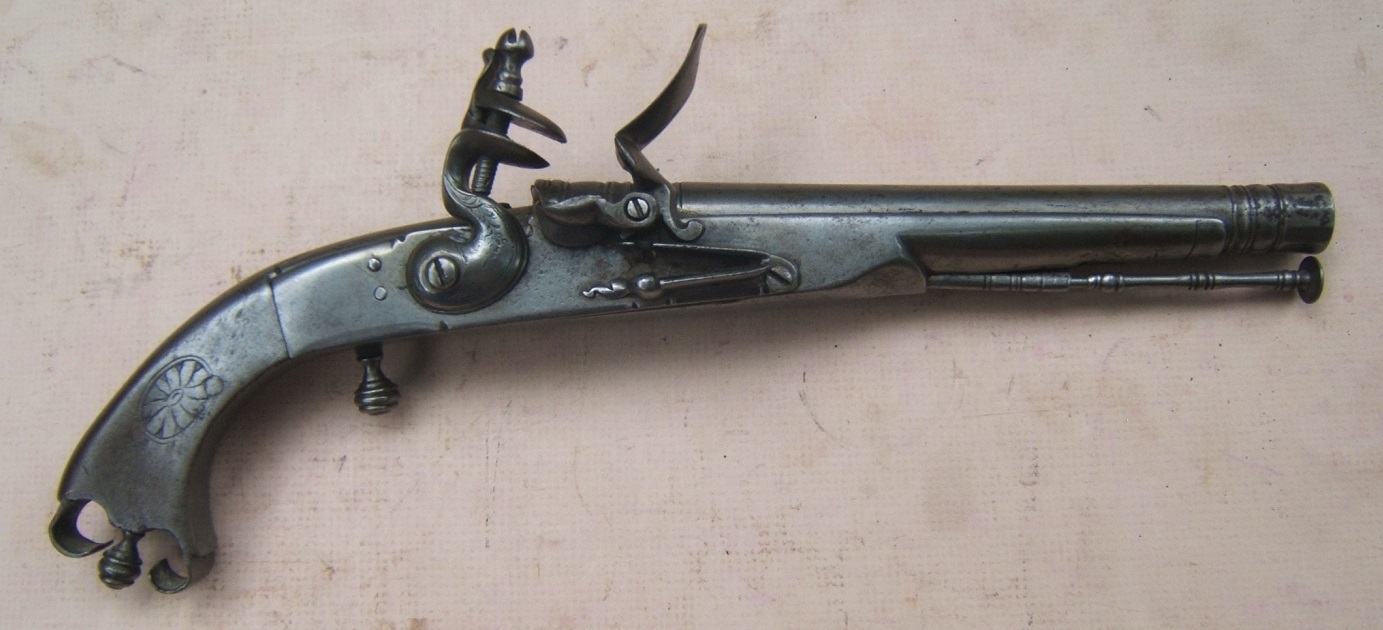 A VERY FINE & RARE AMERICAN REVOLUTIONARY WAR PERIOD ROYAL HIGHLAND REGIMENTALLY MARKED REGULATION-PATTERN �SCOTTISH� HIGHLAND ALL-STEEL FLINTLOCK OFFICER'S-GRADE BELT PISTOL, of 