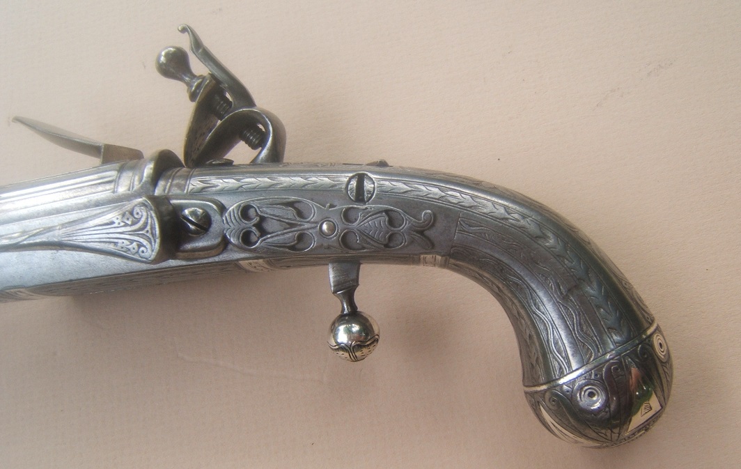 AN EXCELLENT/MUSEUM QUALITY AMERICAN REVOLUTIONARY WAR PERIOD LOBE-BUTT SCOTTISH ALL-STEEL FLINTLOCK BELT PISTOL, by I. MURDOCH, ca. 1770s view 4