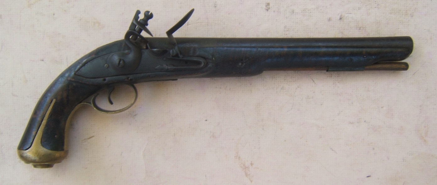 A VERY RARE COLONIAL/AMERICAN REVOLUTIONARY WAR PERIOD AMERICAN FLINTLOCK OFFICER�S PISTOL w/ TIGER MAPLE STOCK, ca. 1770 view 1