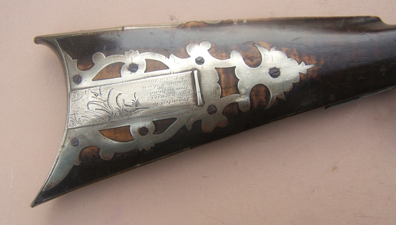 A VERY FINE QUALITY & HISTORIC SILVER-MOUNTED PRESENTATION HALFSTOCK PENNSYLVANIA/KENTUCKY PLAINS-TYPE RIFLE by J. EDMONDS, ca. 1845 view 8