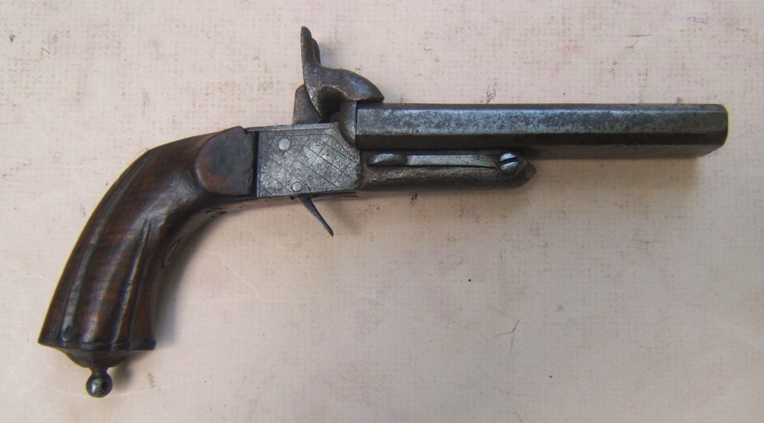 A GOOD 19TH CENTURY CONTINENTAL DOUBLE BARREL PIN-FIRE PISTOL, ca. 1860 view 1