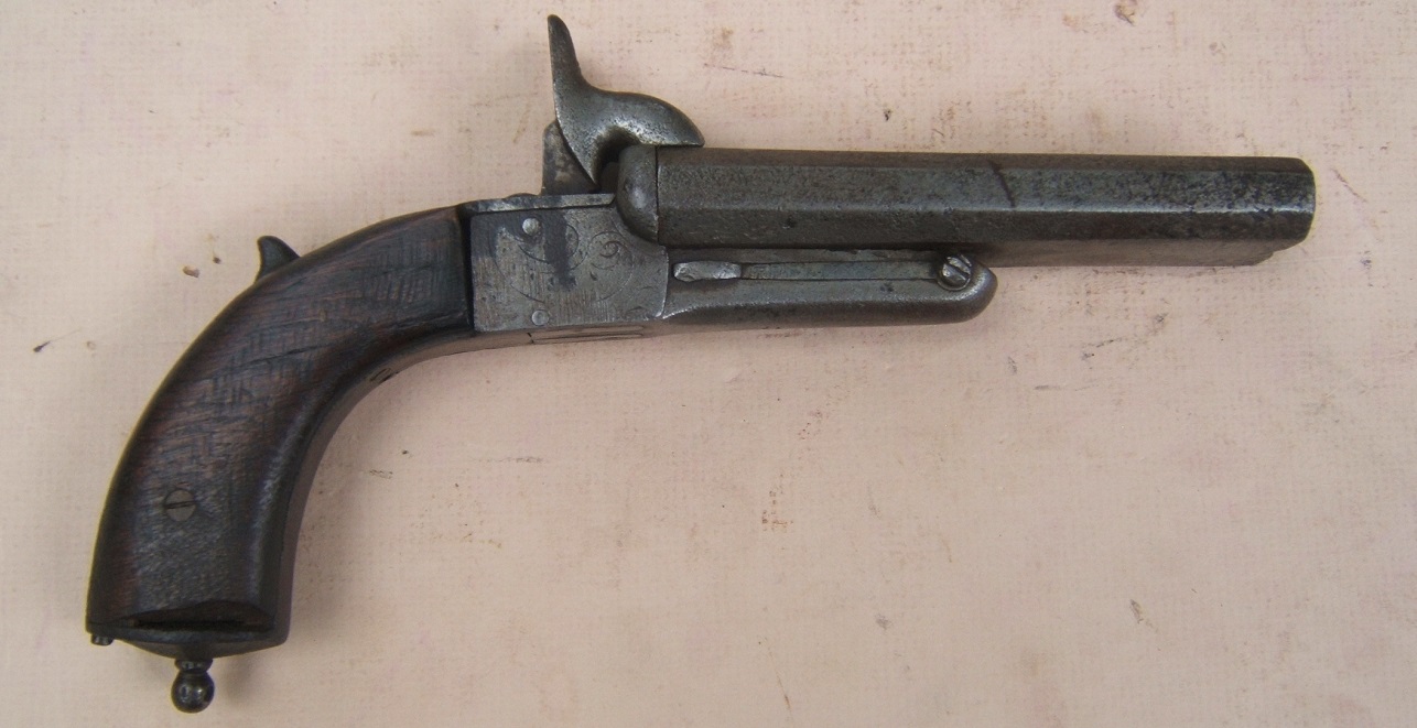 A VERY GOOD & RARE LARGE CALIBER (15mm) CONTINENTAL DOUBLE BARREL PIN-FIRE PISTOL, ca. 1860 view 1