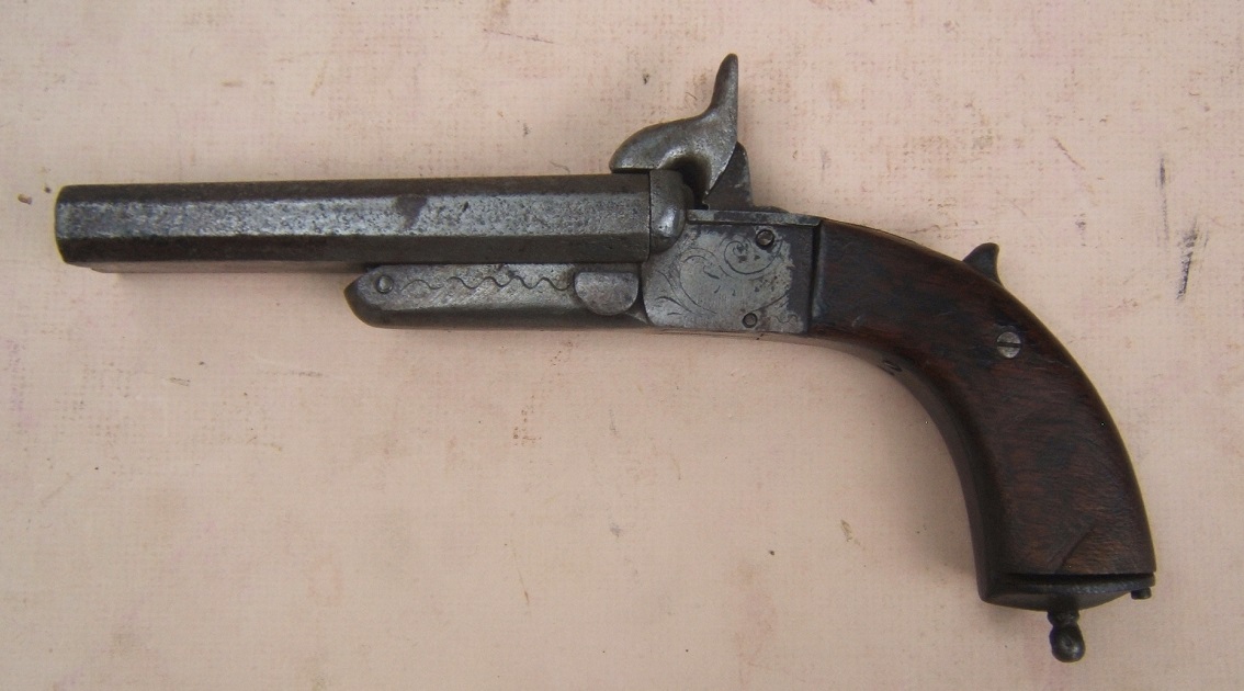 A VERY GOOD & RARE LARGE CALIBER (15mm) CONTINENTAL DOUBLE BARREL PIN-FIRE PISTOL, ca. 1860 view 2
