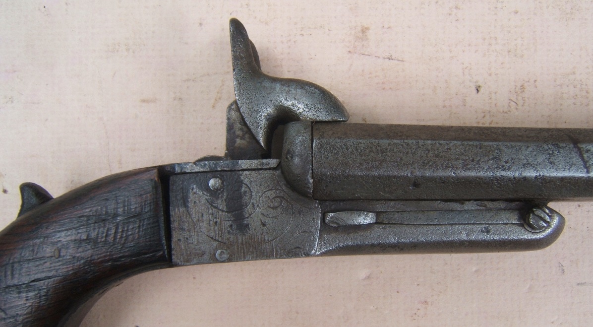 A VERY GOOD & RARE LARGE CALIBER (15mm) CONTINENTAL DOUBLE BARREL PIN-FIRE PISTOL, ca. 1860 view 3