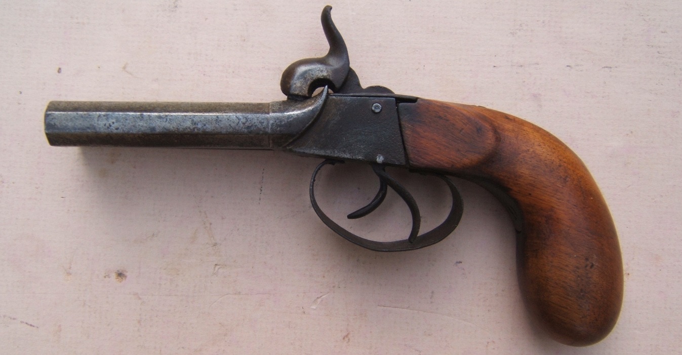A VERY GOOD (AMERICAN?) DOUBLE BARREL PERCUSSION POCKET PISTOL, ca. 1850
