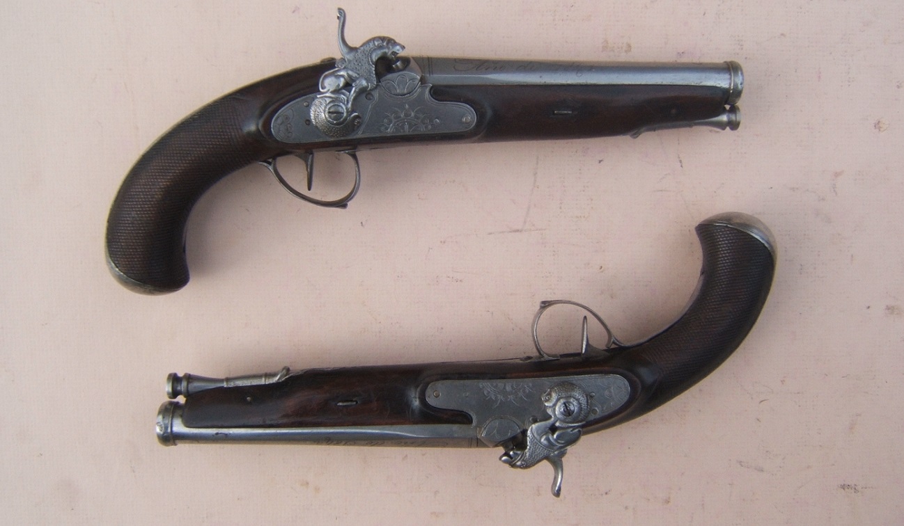 A VERY FINE & RARE PAIR OF SPANISH (RIPOLL-MADE) PERCUSSION OFFICER'S BELT-PISTOLS w/ FINELY CHISELED LOCKS, by “HERRADURAS” POR