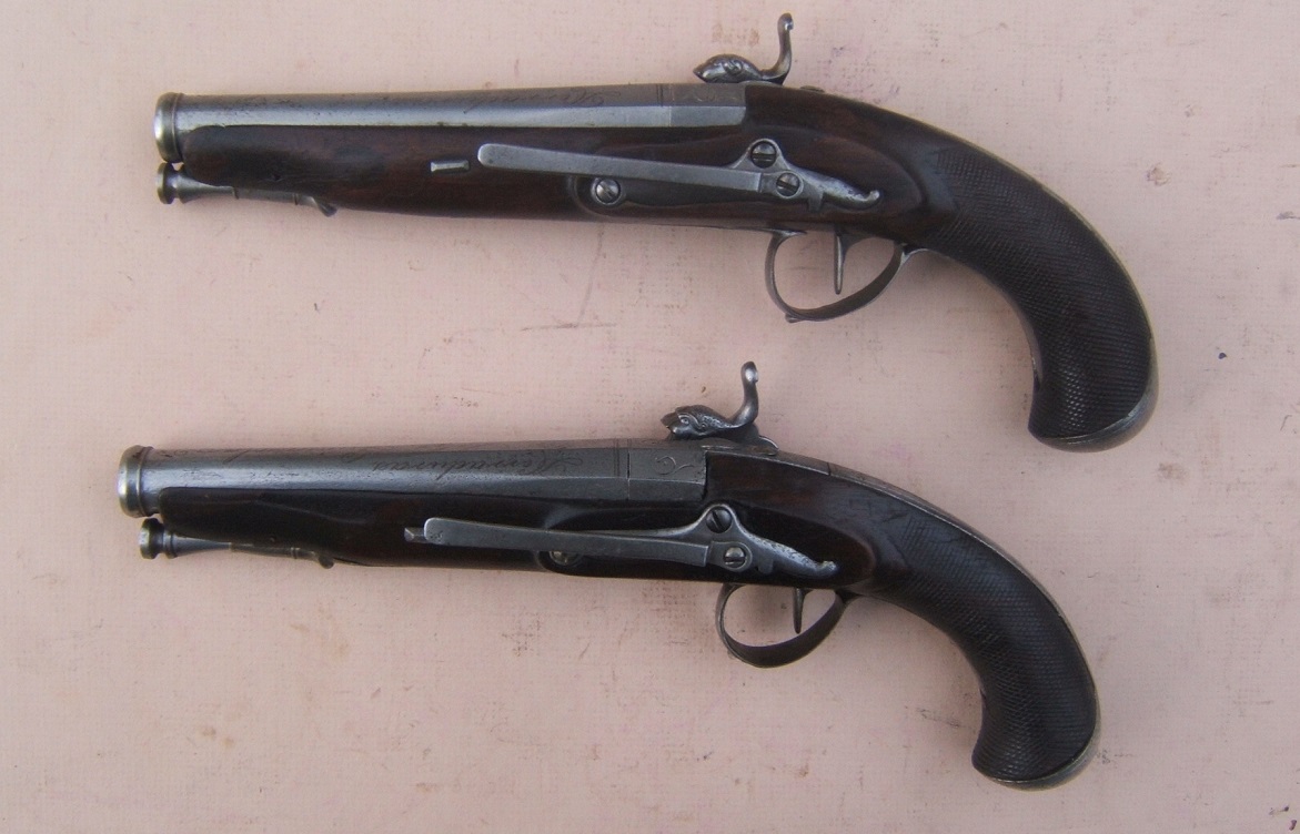 A VERY FINE & RARE PAIR OF SPANISH (RIPOLL-MADE) PERCUSSION OFFICER'S BELT-PISTOLS w/ FINELY CHISELED LOCKS, by “HERRADURAS” POR