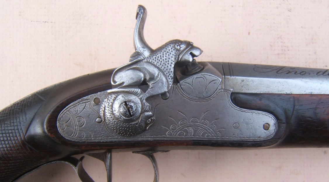 A VERY FINE & RARE PAIR OF SPANISH (RIPOLL-MADE) PERCUSSION OFFICER'S BELT-PISTOLS w/ FINELY CHISELED LOCKS, by “HERRADURAS” POR