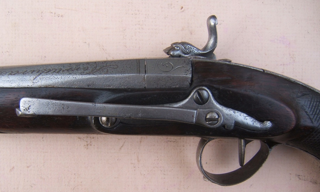 A VERY FINE & RARE PAIR OF SPANISH (RIPOLL-MADE) PERCUSSION OFFICER'S BELT-PISTOLS w/ FINELY CHISELED LOCKS, by “HERRADURAS” POR