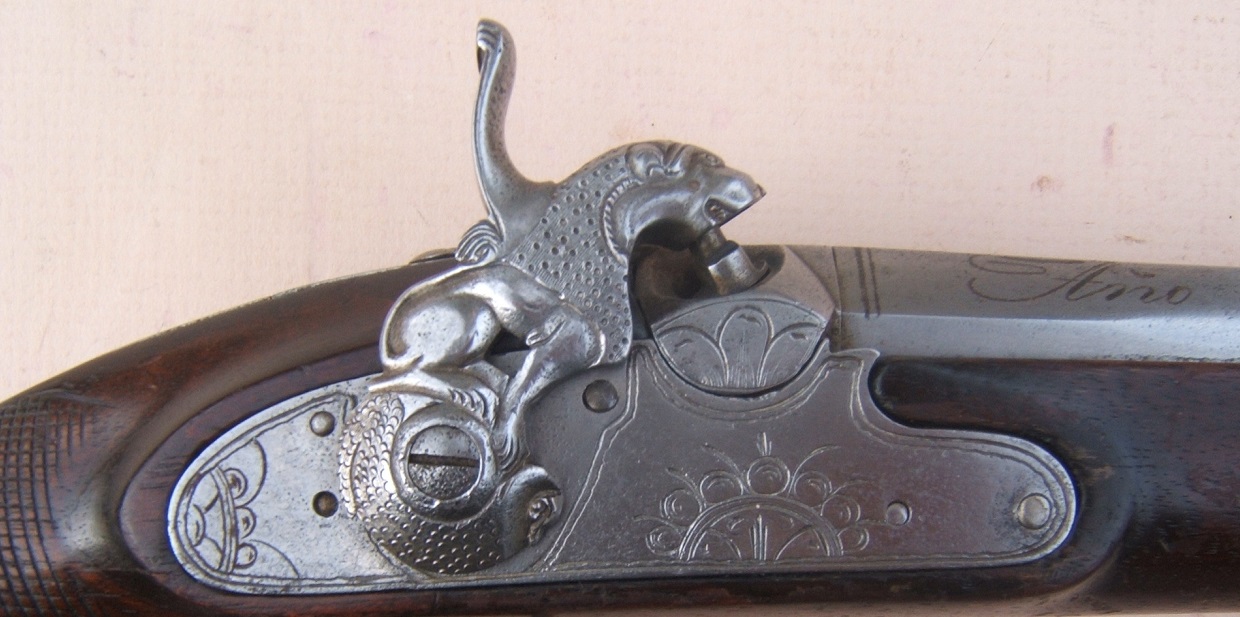 A VERY FINE & RARE PAIR OF SPANISH (RIPOLL-MADE) PERCUSSION OFFICER'S BELT-PISTOLS w/ FINELY CHISELED LOCKS, by “HERRADURAS” POR
