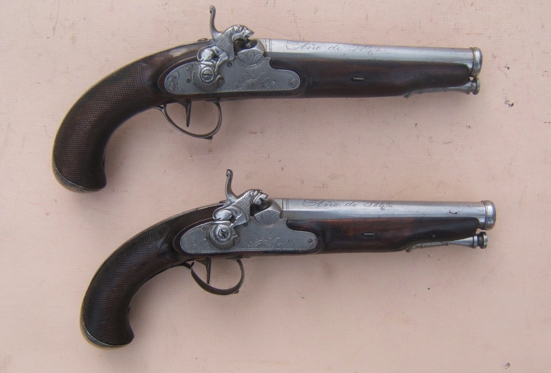 A VERY FINE & RARE PAIR OF SPANISH (RIPOLL-MADE) PERCUSSION OFFICER'S BELT-PISTOLS w/ FINELY CHISELED LOCKS, by “HERRADURAS” POR
