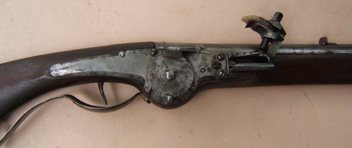 A VERY FINE & RARE EARLY 17th CENTURY/THIRTY YEAR WAR PERIOD DUTCH/GERMAN MILITARY PADDLE-BUTT WHEELOCK PETRONEL/CARBINE, ca. 1630 view 3