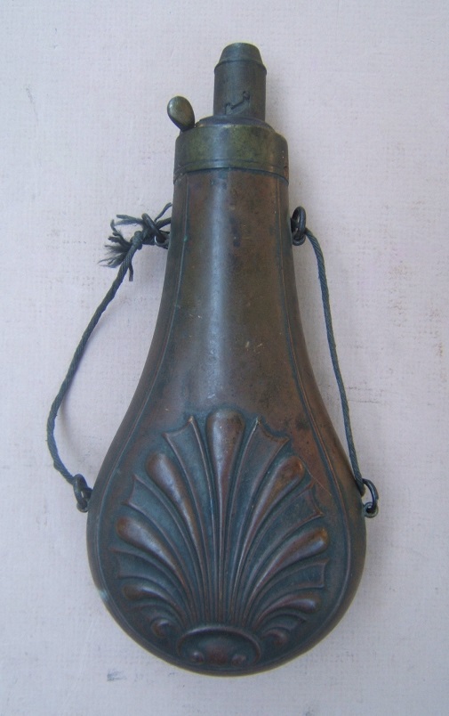 A VERY GOOD AMERICAN CIVIL WAR PERIOD SHELL-EMBOSSED COPPER POWDER FLASK, ca. 1860 view 1