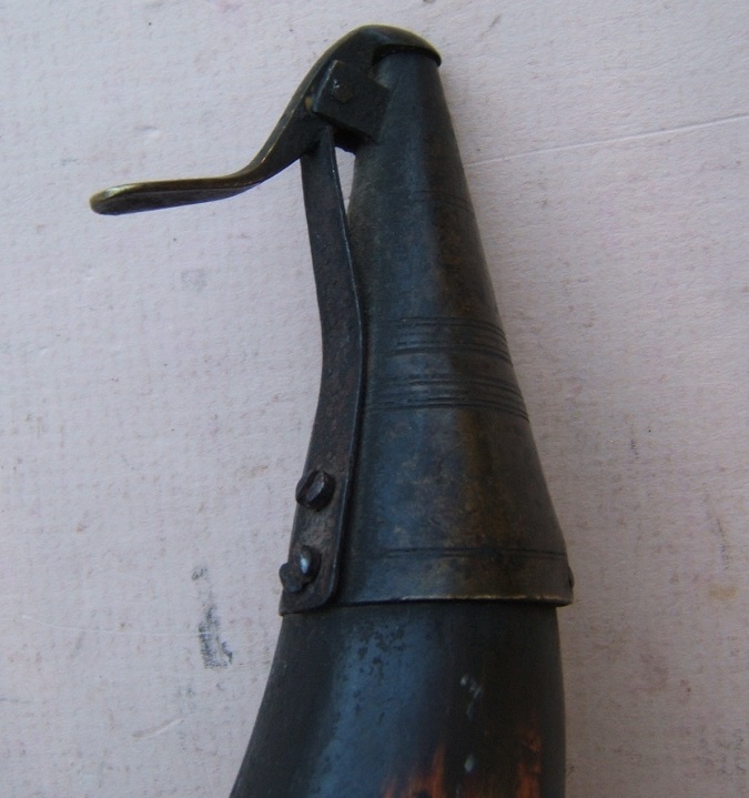 A RARE AMERICAN REVOLUTIONARY WAR PERIOD POWDER HORN w/ NICELY TURNED BASE & BRASS & IRON MOUNTED SPRING CUT-OFF, ca. 1770 view 3