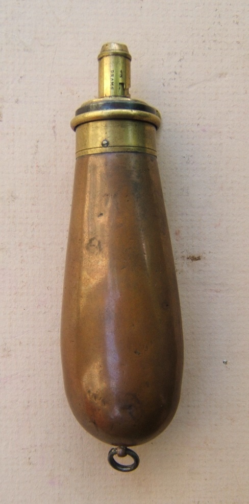 A FINE+ MID 19TH CENTURY AMERICAN EMBOSSED COPPER POWDER FLASK, ca. 1860view 1