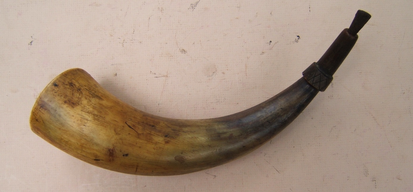 A FINE & UNTOUCHED AMERICAN REVOLUTIONARY WAR PERIOD AMERICAN POWDER HORN w/ FINELY CARVED POURING-SPOUT & 