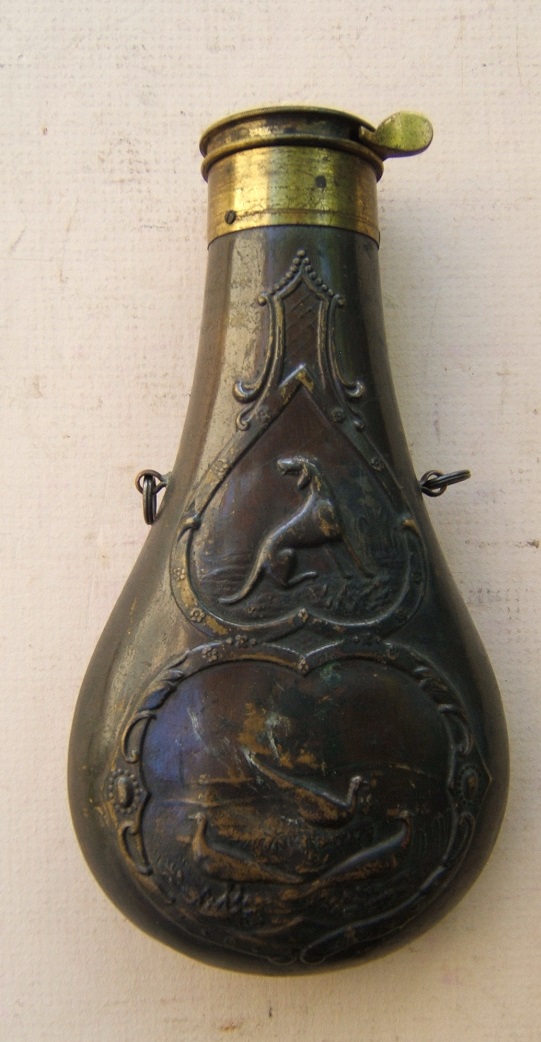A Mid-19th CENTURY AMERICAN EMBOSSED COPPER POWDER FLASK, ca. 1850 view 1