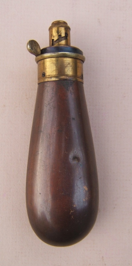 A FINE 19th CENTURY ENGLISH SMALL-SIZED (PISTOL-TYPE) COPPER POWDER FLASK, by 