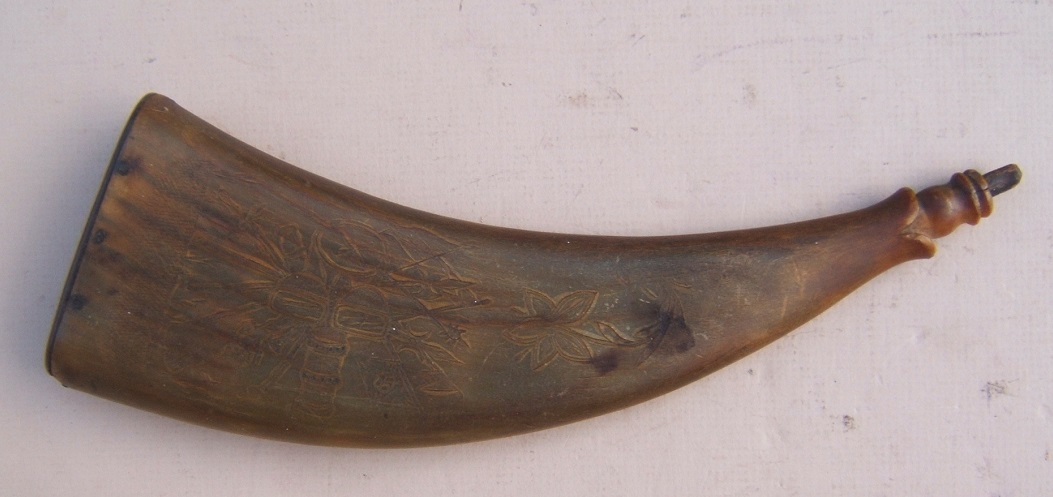A FINE 18th CENTURY SCOTTISH FLAT/COMPRESSED ENGRAVED COW-HORN POWDER HORN, ca. 1750 view 1