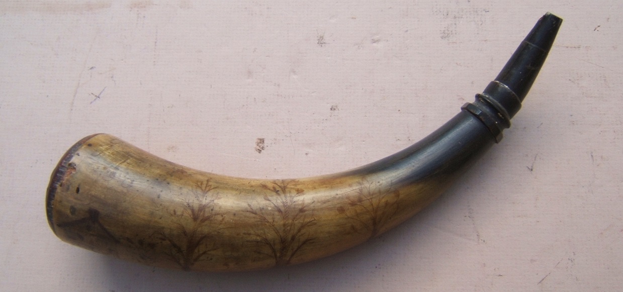 A FINE & UNTOUCHED AMERICAN REVOLUTIONARY WAR PERIOD AMERICAN POWDER HORN w/ ETCHED & ENGRAVED BODY, ca. 1770 view 1