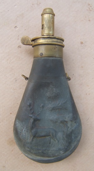 A GOOD MID-19TH CENTURY EMBOSSED ZINC POWDER FLASK w/ STAG MOTIF, ca. 1850 view 2