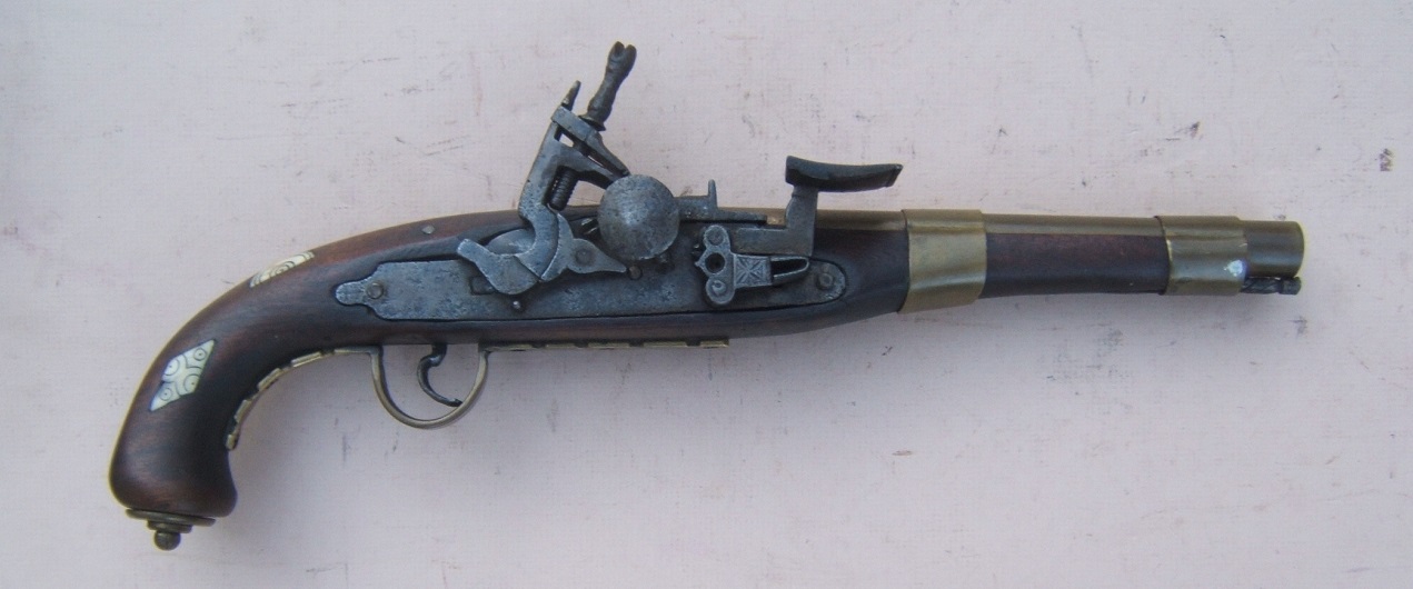 A FINE & SCARCE (CHRISTIAN OWNED/MADE?) BRASS BARREL NORTH AFRICAN (MOROCCAN/TUNISIAN/ALGERIAN) SNAPHANCE HOLSTER PISTOL, ca. 1850 view1