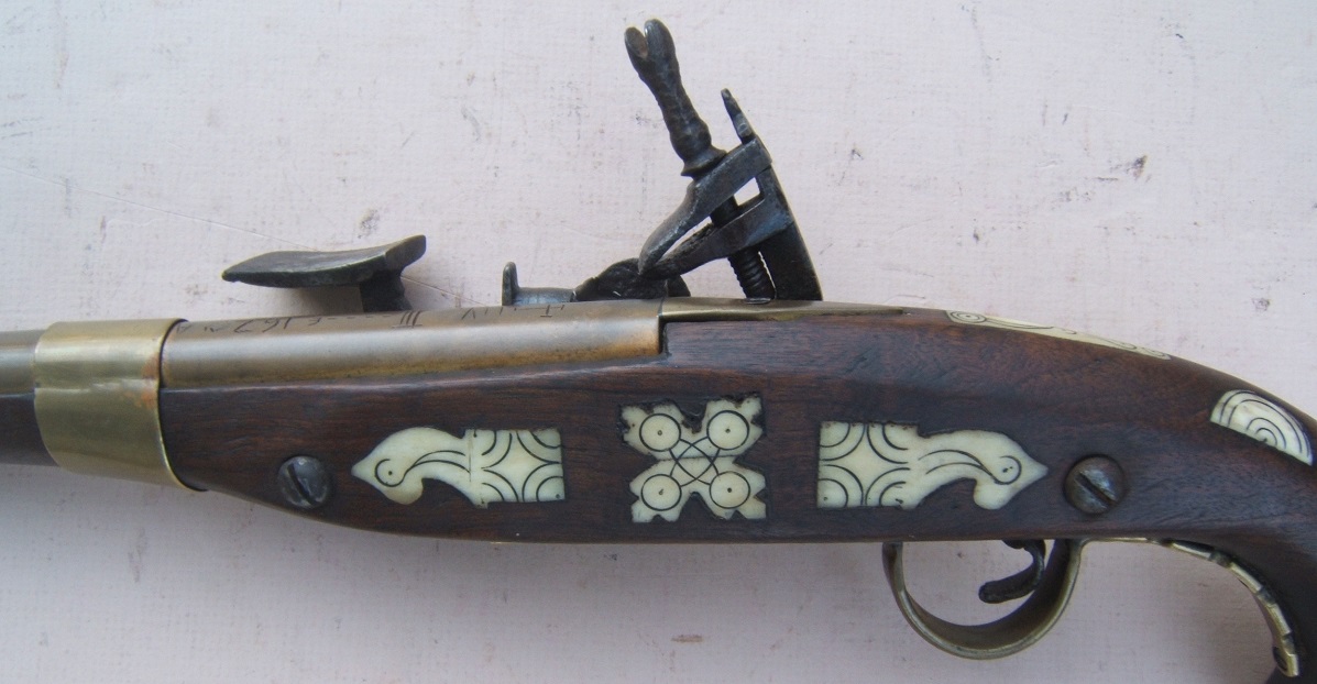 A FINE & SCARCE (CHRISTIAN OWNED/MADE?) BRASS BARREL NORTH AFRICAN (MOROCCAN/TUNISIAN/ALGERIAN) SNAPHANCE HOLSTER PISTOL, ca. 1850 view4