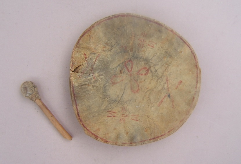 A VERY RARE MID to LATE 19TH CENTURY CHEYENNE INDIAN GHOST-DANCE DRUM, w/ its TOM-TOM, ca. 1870s (Ex. EDWARD VEBELL COLLECTION) view1